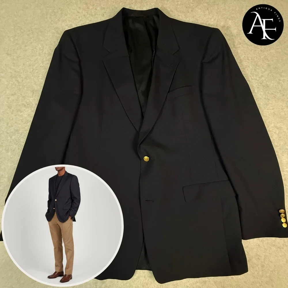 Hart Schaffner Marx Mens Navy Blue Wool Blazer Gold Buttons 46XL Extra‎ Long